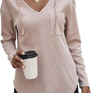 Women’s V Neck Hoodies Long Sleeve Sweatshirt Drawstring Pullover Tops with Pocket